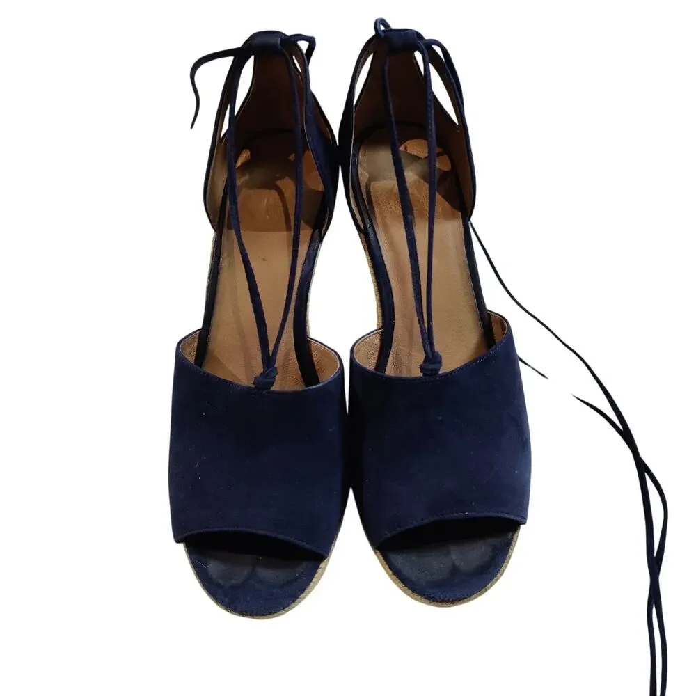 Cabi Women's Sz 8 Isla Navy Orange Espadrille Wedge Suede Sandals Ankle Wrap
